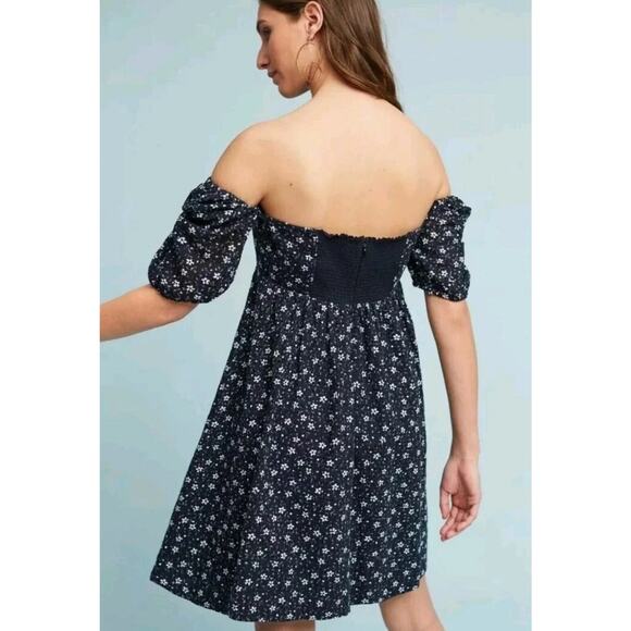 Maeve Dresses & Skirts - Anthropologie Maeve Lillianne Dress 8 On/Off Shoulder Floral Navy Blue Eyelet